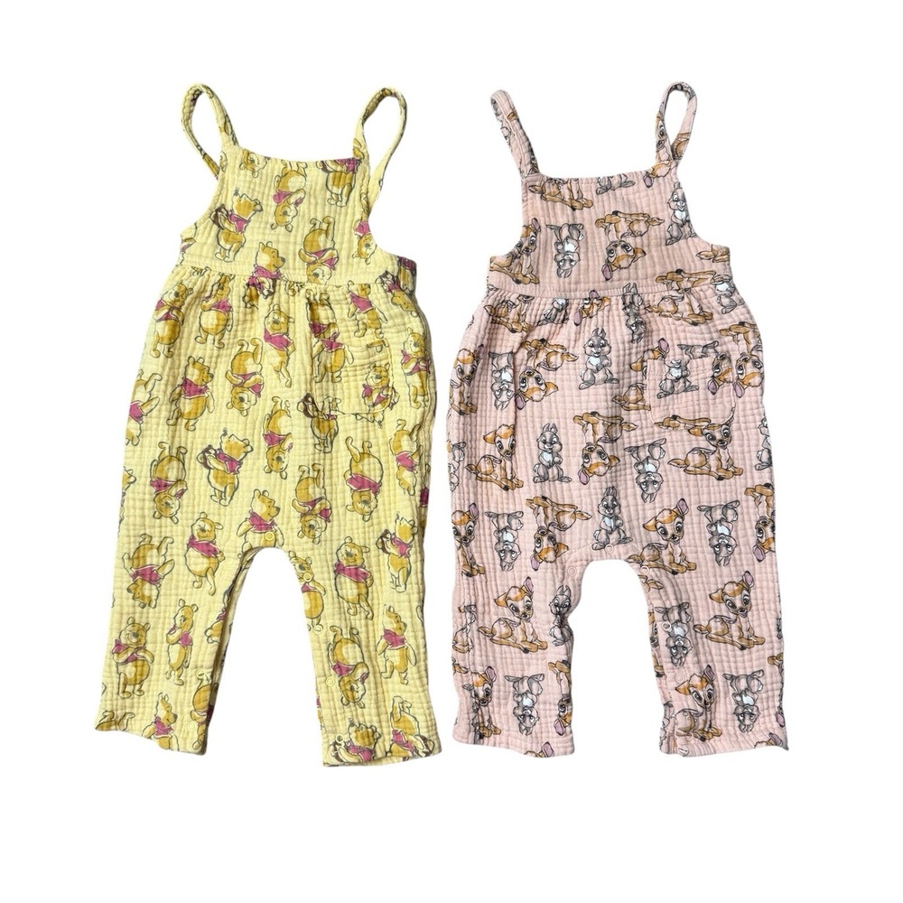 Disney Baby Woven Cotton Overalls Size 18M Bambi Pooh Pink Yellow Vacation